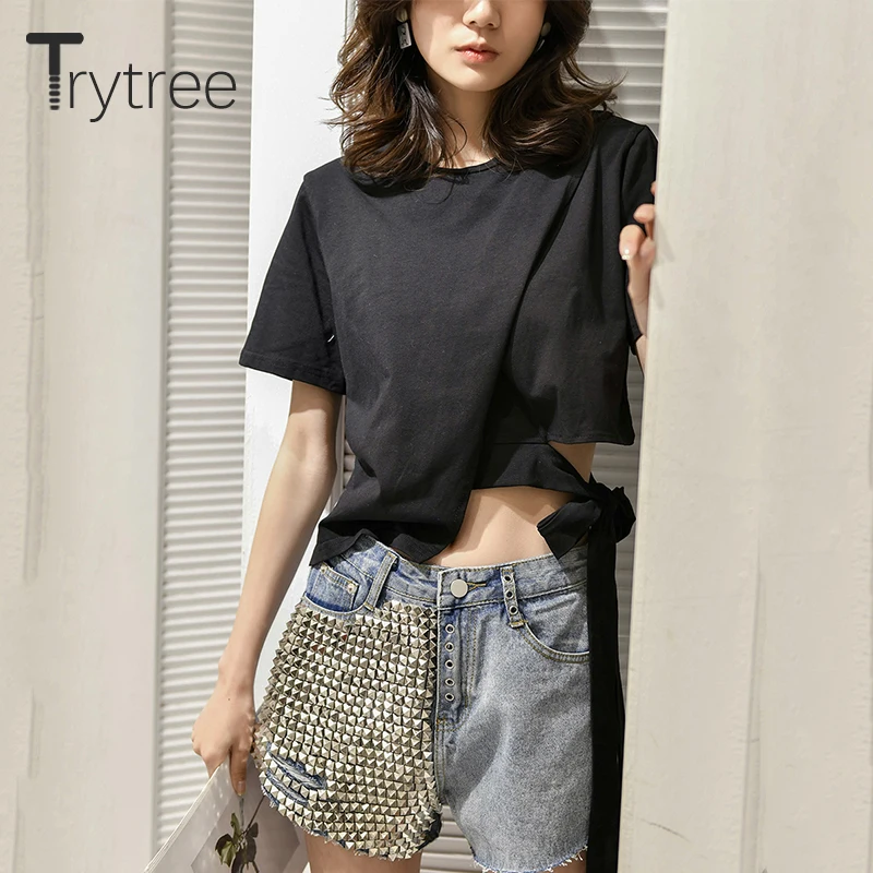 Trytree Летняя Повседневная Женская Однотонная футболка с круглым вырезом Женский