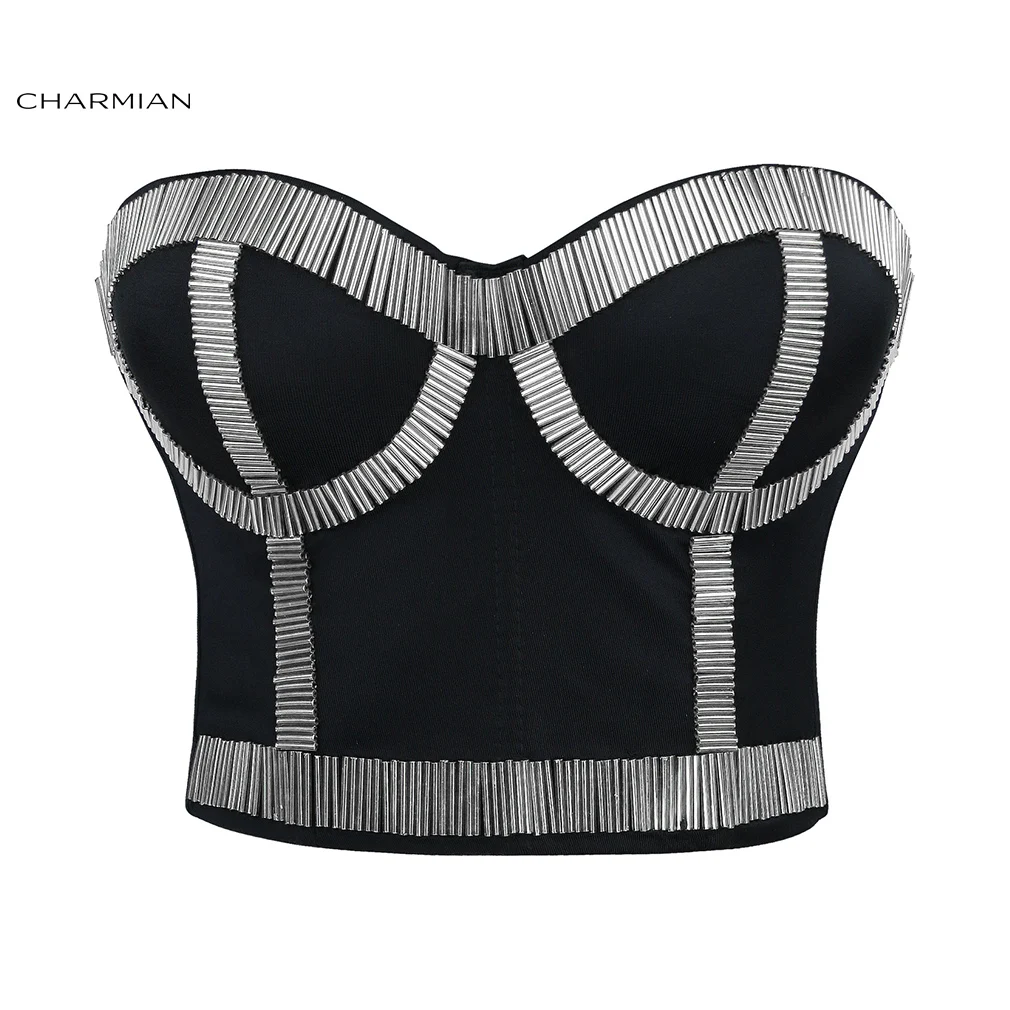 

Charmian Women's Steampunk Black Metallic Stick Clubwear Party Bustier Bra Top Cincher Shapewear Bustier Corset