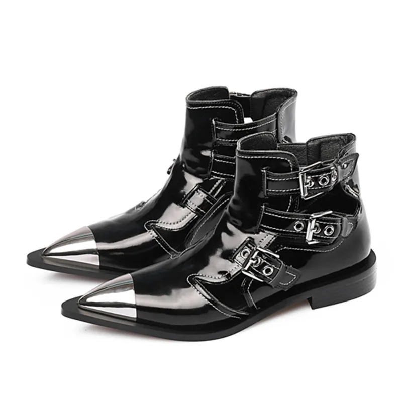 Studded Cow Leather Street Ankle Boots Buckles Women Flat Gladiator Boots Zapatos Mujer Ladies Punk Metal Toe Cap Shoes Size 43