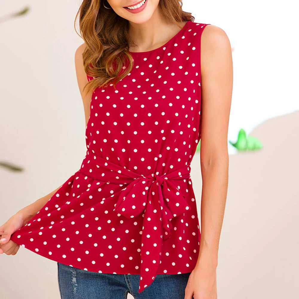 Женская блузка в французском стиле с круглым вырезом без рукавов принтом горошек