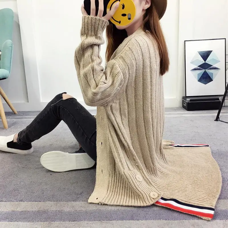 2017 осень-зима Мода в полоску стежка вязаный свитер с Кнопки длинный абзац PD BJ |