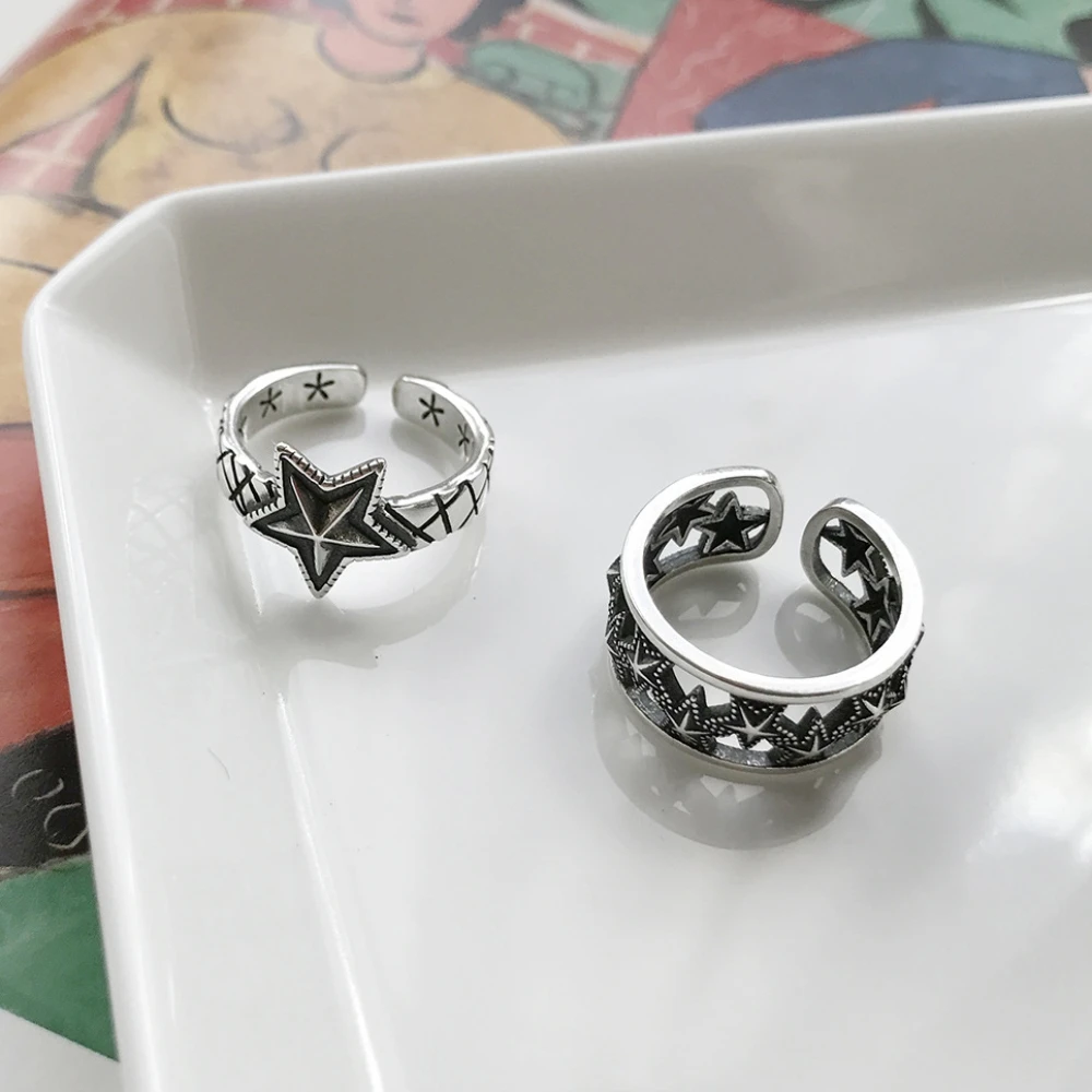 

LEVEN FANCY 925 Sterling Silver Rock Art Style Retro Vintage Silver Open Rings Adjustable Big Five-pointed Star Cocktail Ring