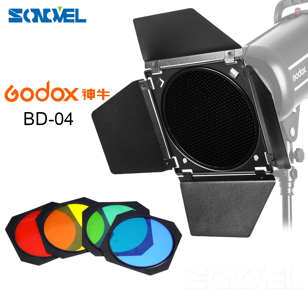 

Godox BD-04 Barn Door + Honeycomb Grid + 4 Color Filter for Standard Reflector Free Shipping