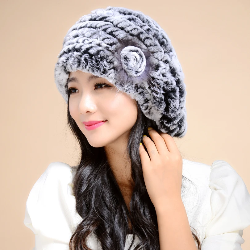 2015 New Russian Women Winter Knit Fur Beret Cap Natural Knitted Rex Rabbit Fur Hats