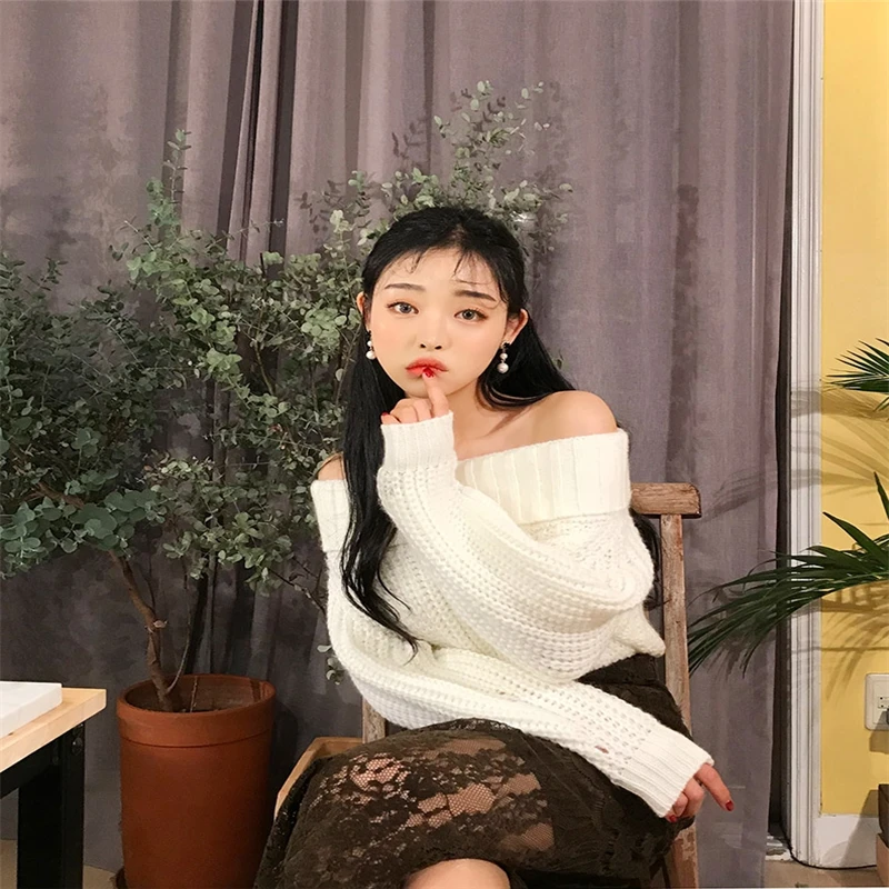 HziriP 2018 Korea Chic Autumn Winter New Women Sweater Long Sleeve Sexy Off Shoulder Pullover Loose Solid Female Elegant Tops | Женская