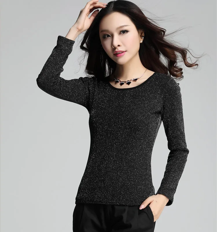 Новый Женщины Повседневная Основные Осень Зима Футболка Топ Tee Блестки Длинные