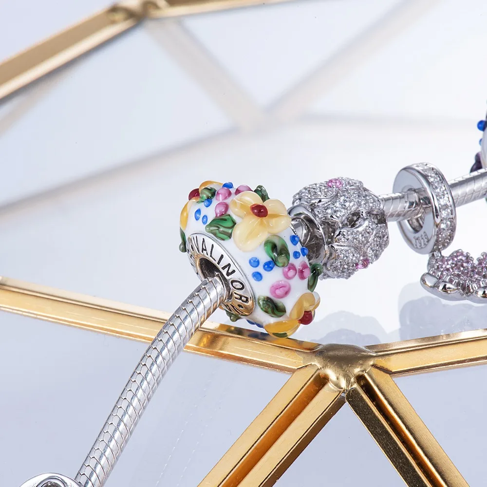 Фиолетовые цветы Стекло бусины 925 серебро Fit Pandora Браслеты и браслеты для Для