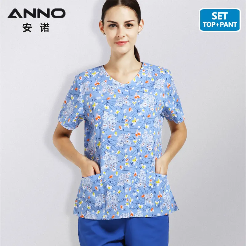 16SS052DieWuHuaX-Set ANNO, медицинская одежда с героями мультфильмов, о-образный вырез, наборы для ухода, униформа для ухода за телом, одежда для стоматолога, клиническая форма для женщин - Цвет: 16SS052DieWuHuaX-Set