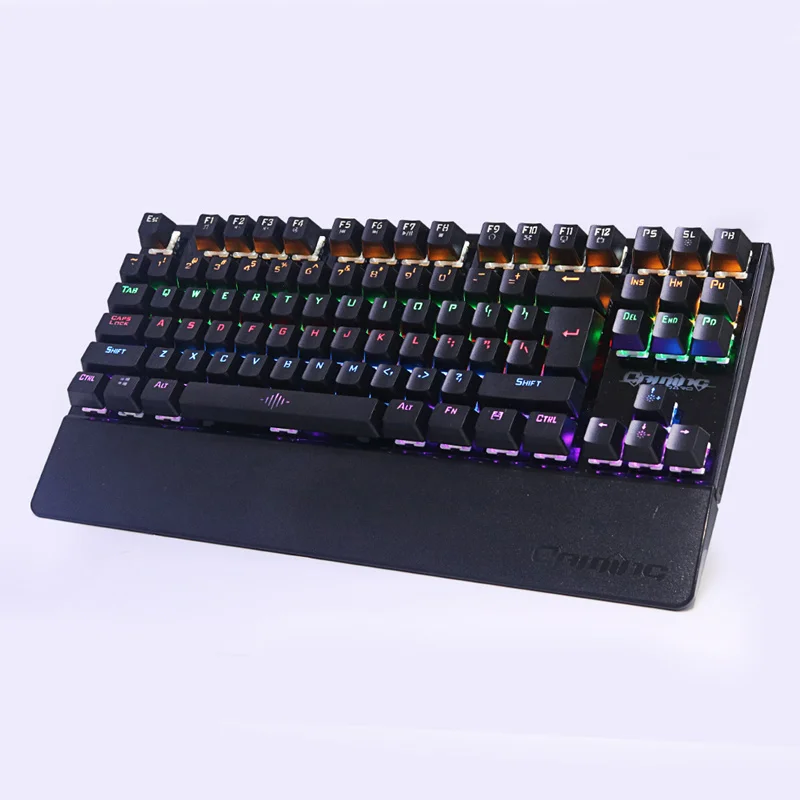 Оригинальная игровая механическая клавиатура с защитой от привидения и подсветкой, синий переключатель, 87 светящийся светодиодный, проводная клавиатура, подставка для рук, русская наклейка - Цвет: Black