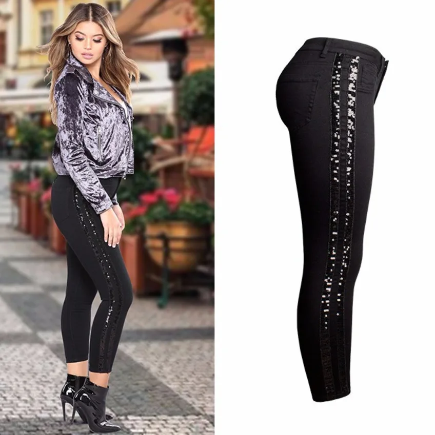 Женские облегающие джинсы с высокой талией расшитые блестками|Узкие джинсы| |