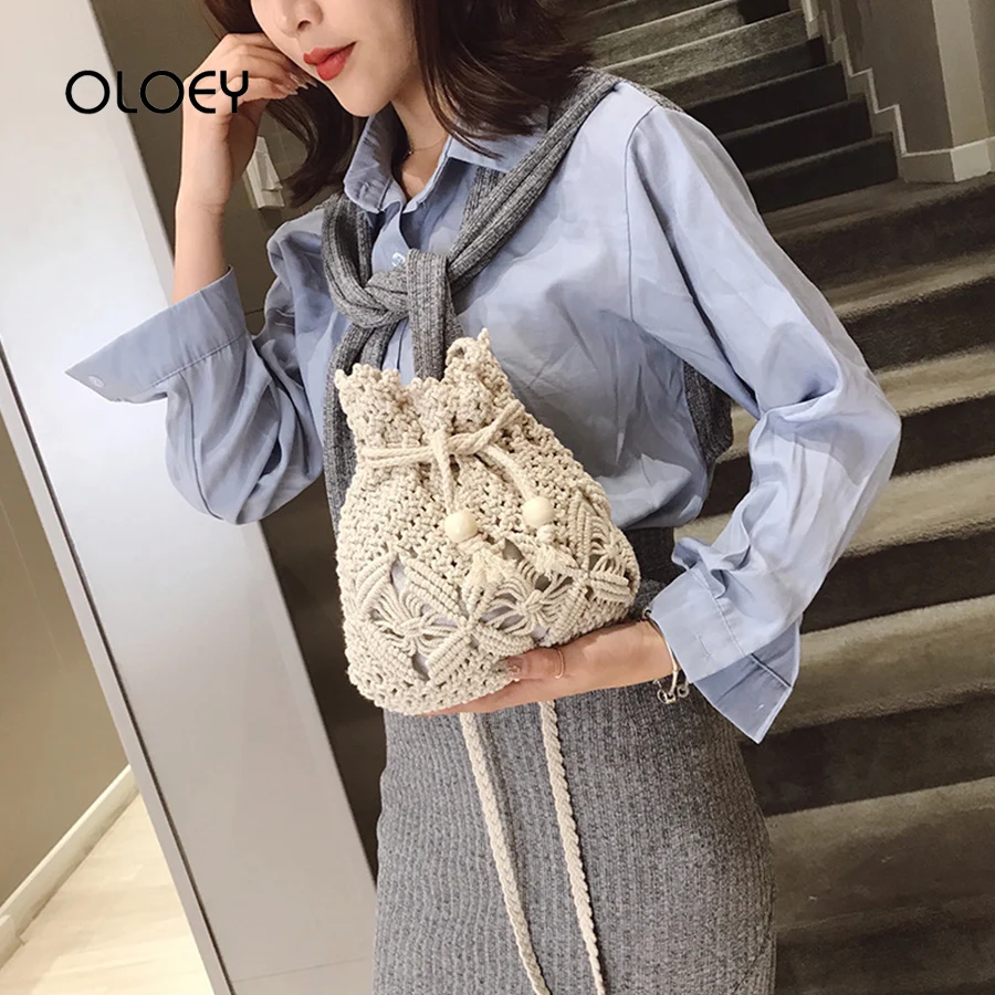 New Drawstring Women's Bucket Straw Bag Summer Woven Shoulder Bags Female Beach Handbags Travel Tote Messenger Sac | Багаж и сумки