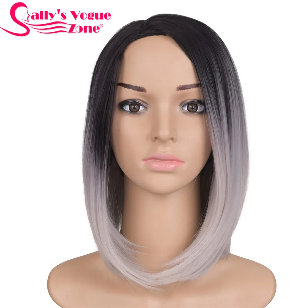 Sallyhair Высокая температура Синтетические прямые короткие Омбре Черный Серебряный серый цвет Американский Африканский Боб Парики волос для черных женщин