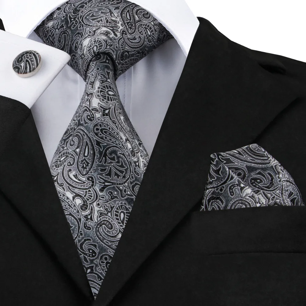 

2017 Fashion Gray and Black Paisley Neckties Hanky Cufflinks 100%Silk Tie For Men gravata Formal Business Wedding Party C-209