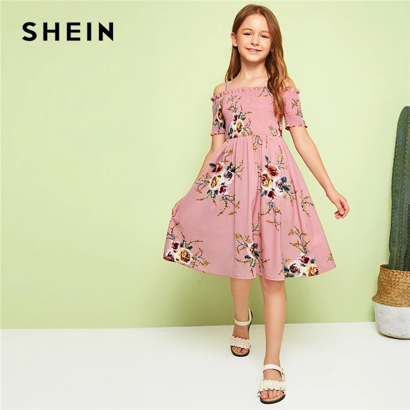 SHEIN/Детское платье в стиле бохо с открытыми плечами и цветочным принтом для девочек; коллекция года; летнее праздничное платье с короткими рукавами и высокой талией