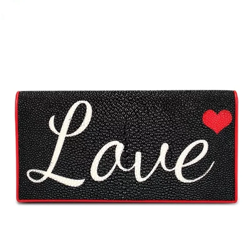 Love Heart Letters Printing Designer Genuine Stingray Skin Leather Women s Thin Purse Zipper Coin Pocket Lady Bifold Card Wallet