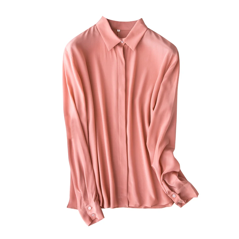 Женская офисная блузка однотонная розовая из 100% натурального шелка с длинным
