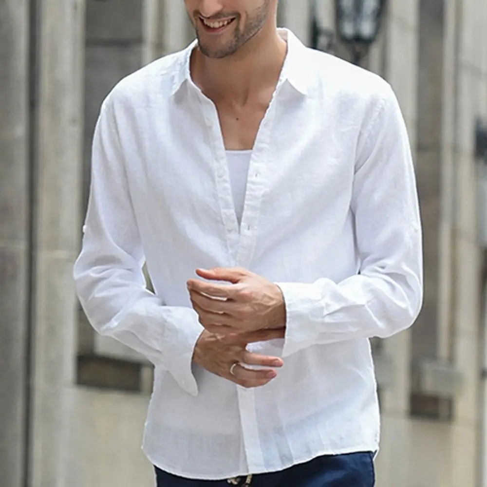Летние повседневные мужские рубашки с длинным рукавом мешковатые хлопковые и