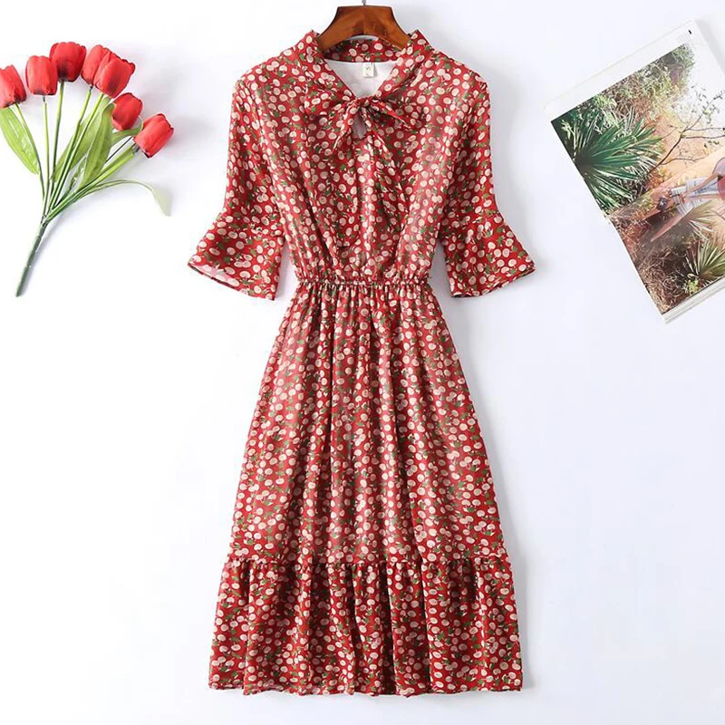 2019 Chiffon New Leisure loose summer Women dress Short sleeve Floral print Bow tie Elastic Waist A-line aa907 | Женская одежда