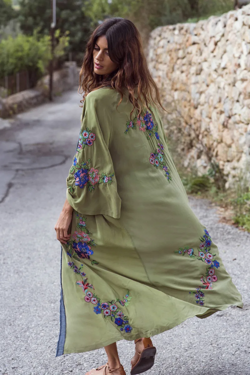 Boho пляжное платье с цветочной вышивкой летнее Arican 2018 Зеленое Длинное Макси