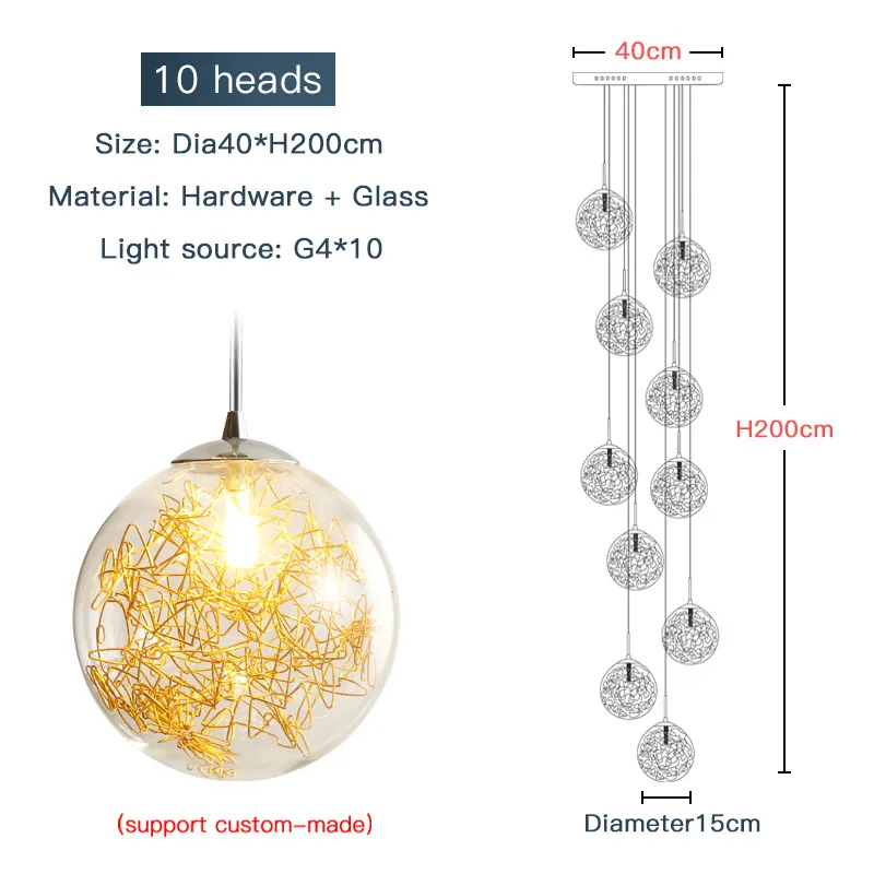 10 heads Art deco custom villa circular hand blown round glass spiral hanging high ceilings staircase modern lights for home chandelier - Цвет абажура: 10 heads