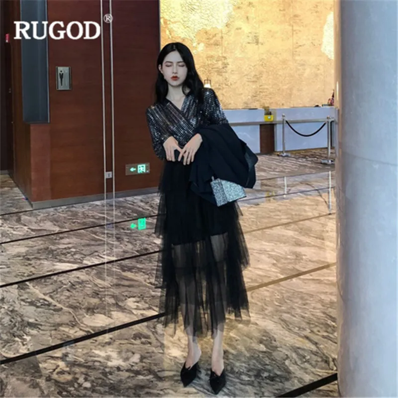 Женское платье миди RUGOD повседневное Сетчатое платье-пачка с v-образным вырезом и