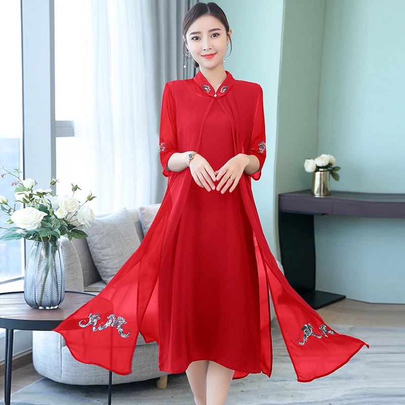 2018 Новое Летнее шелковое платье в китайском стиле Дамский модный комплект из