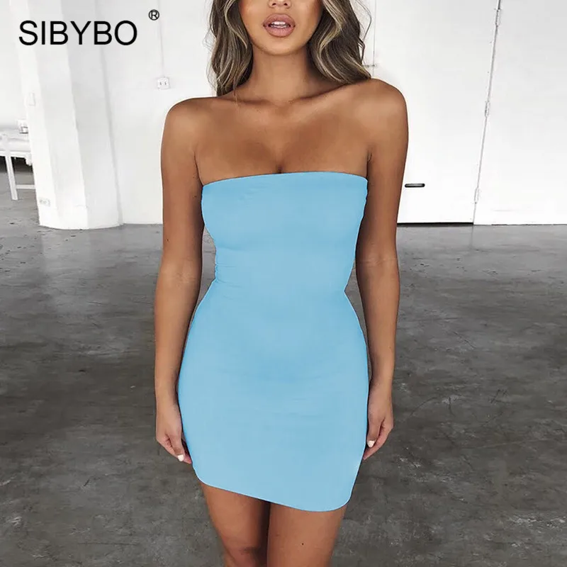 Небесно-голубой Sibybo, без бретелек, с открытыми плечами, сексуальное мини-платье, без рукавов, облегающее, летнее, женское платье, однотонное, с открытой спиной, Клубные, вечерние, короткое - Цвет: Небесно-голубой