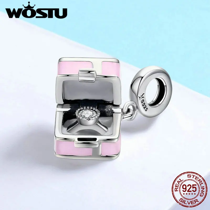 WOSTU 925 пробы Серебряный романтическая розовая коробка Marry Me сюрприз предложение Шарм кулон подходит браслет DIY Ювелирные изделия CQC549