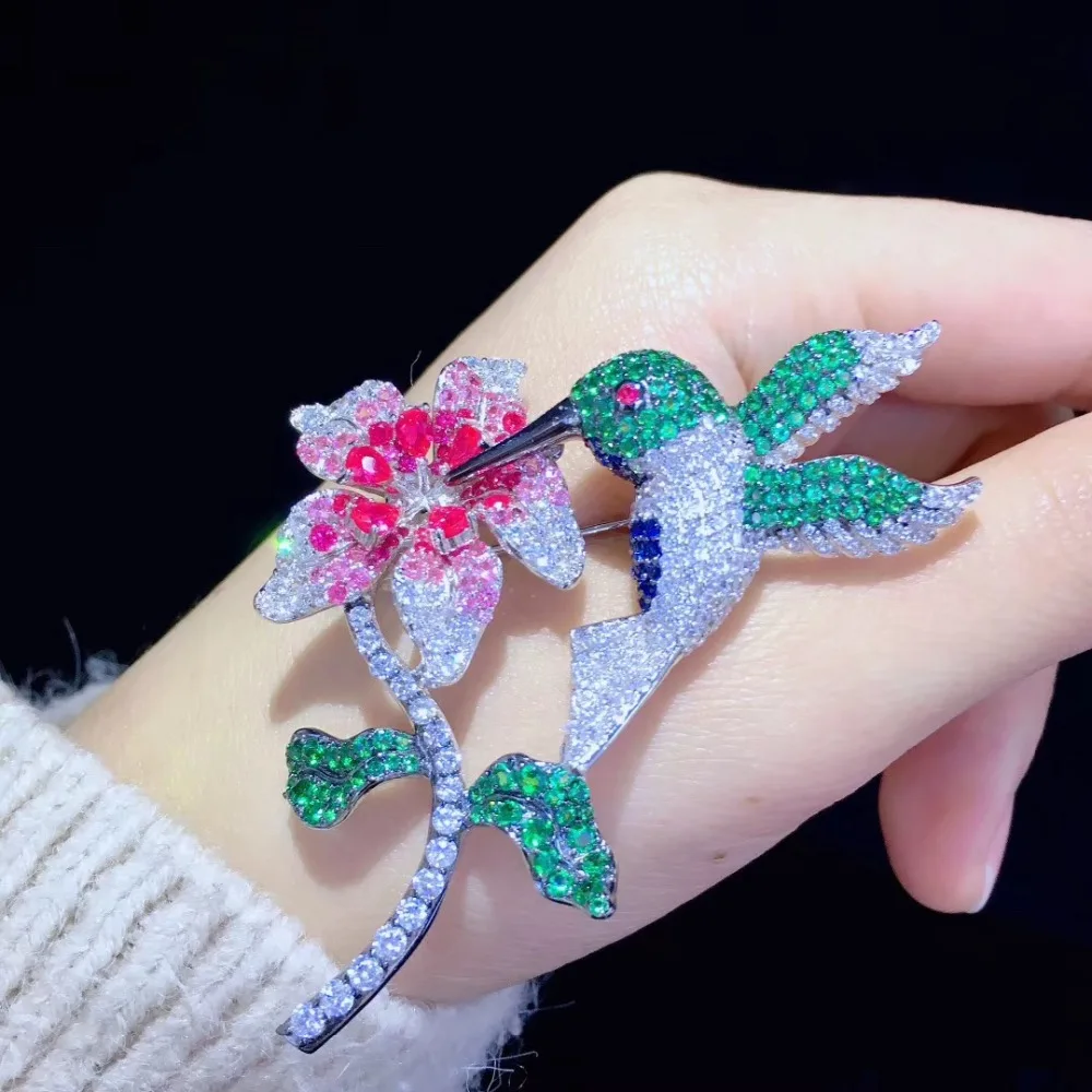 bird and flower brooch pin fine women jewelry 925 sterling silver free shipping pave stone 56*73MM | Украшения и аксессуары