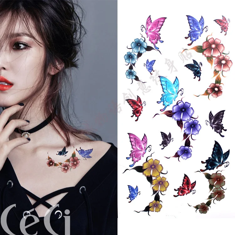 

Colorful rose flower butterfly Body Art Waterproof fake tattoo For Woman Flash TemporaryTattoo Stickers 10*20CM KD071
