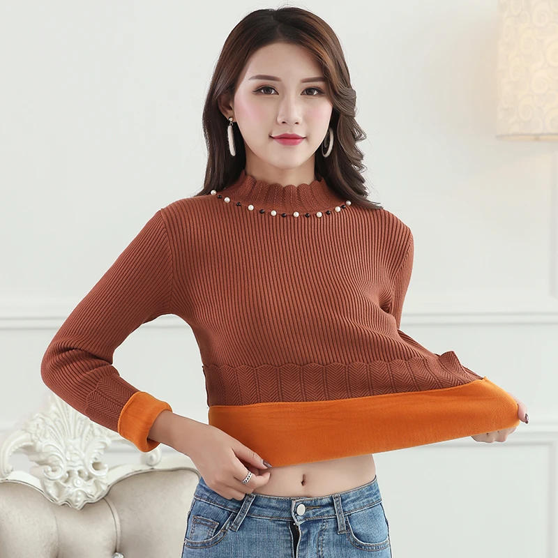 WKOUD Winter Sweater Women Pearl Beading Turtleneck Thicken Jumper Mom Warm Fleeces Pullovers Long Sleeve Render Clothes M9034 | Женская