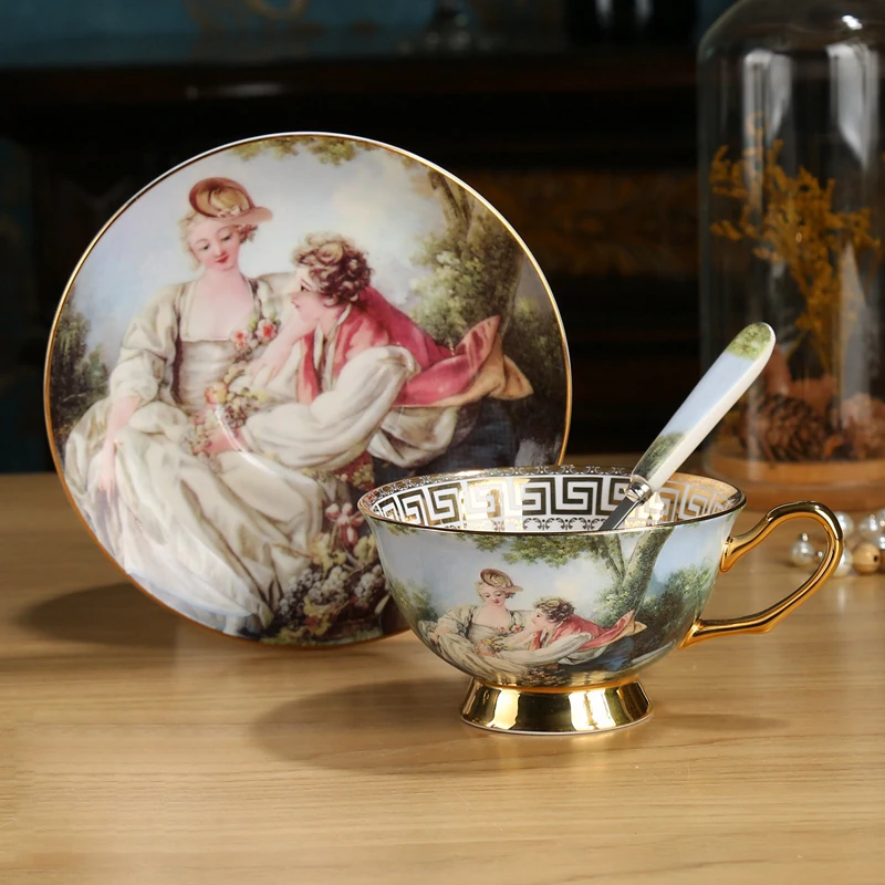

Europe bone china coffee cups set vintage Court figure painting Luxury Porcelain tea cup set Afternoon tea party Wedding Gifts