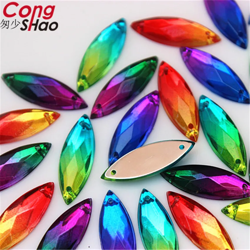 

Cong Shao 100pcs 7*21mm Drop Double color stones and crystals Acrylic Horse eye rhinestone flatback sewing 2 Hole costume YB276