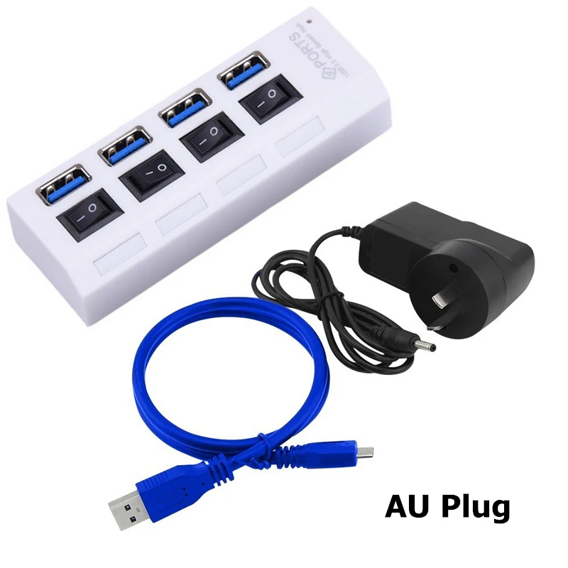 Usb-концентратор 3,0 4 Порты и разъёмы USB 3,0 концентратор разветвитель с Мощность адаптер Мульти USB hab высокое Скорость 5 Гбит/с для портативных ПК крепление и аксессуары - Цвет: White and AU Adapter