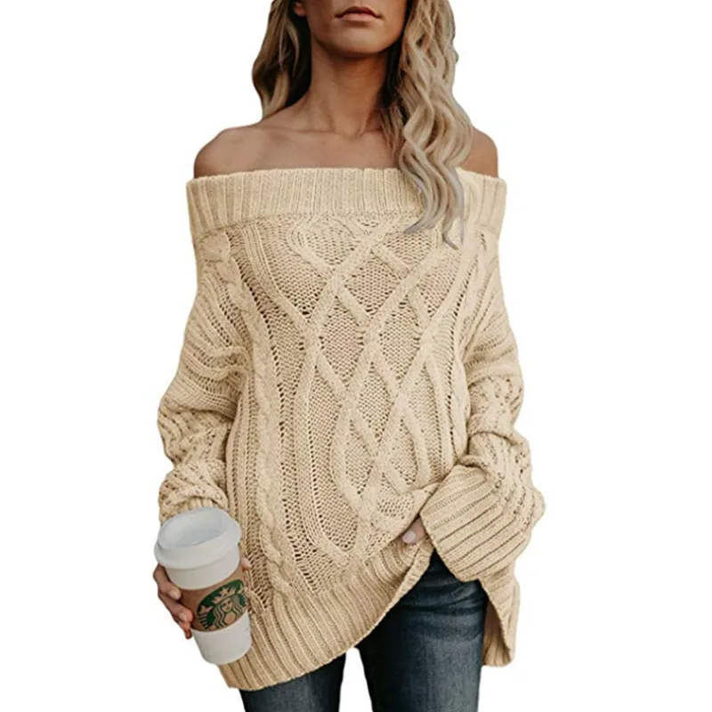 Danjeaner Women Sexy Off Shoulder Sweater Loose Cable Knitting Plus Size Long Pullover Female Thick Coarse Knitted Winter Jumper | Женская