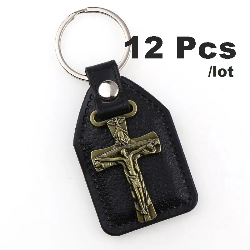 12pcs As Photo 12 шт., брелок для ключей из искусственной кожи, католический Шарм, подвески для мужчин, черная бирка, антикварная бронзовая позолота, крючок, ключ, религиозные брелки - Цвет: 12pcs As Photo