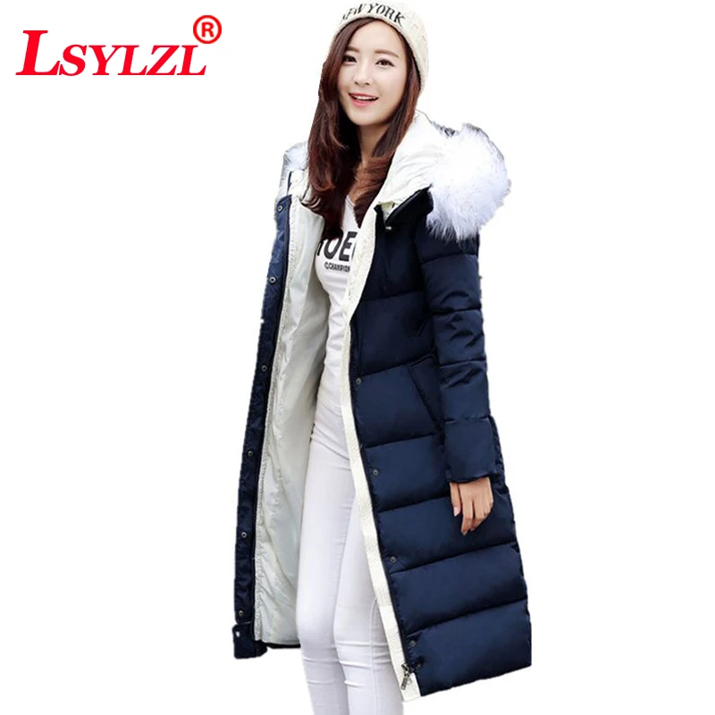 2018 зимнее женское хлопковое изящное длинное пальто с меховым воротником и