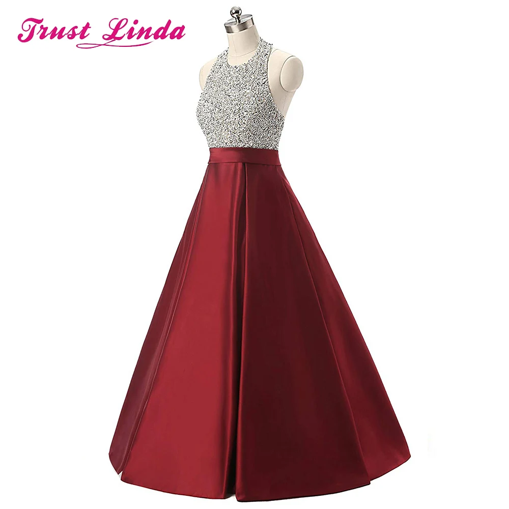 Высокое Качество Холтер шеи Бисероплетение топы выпускное платье Длина пола