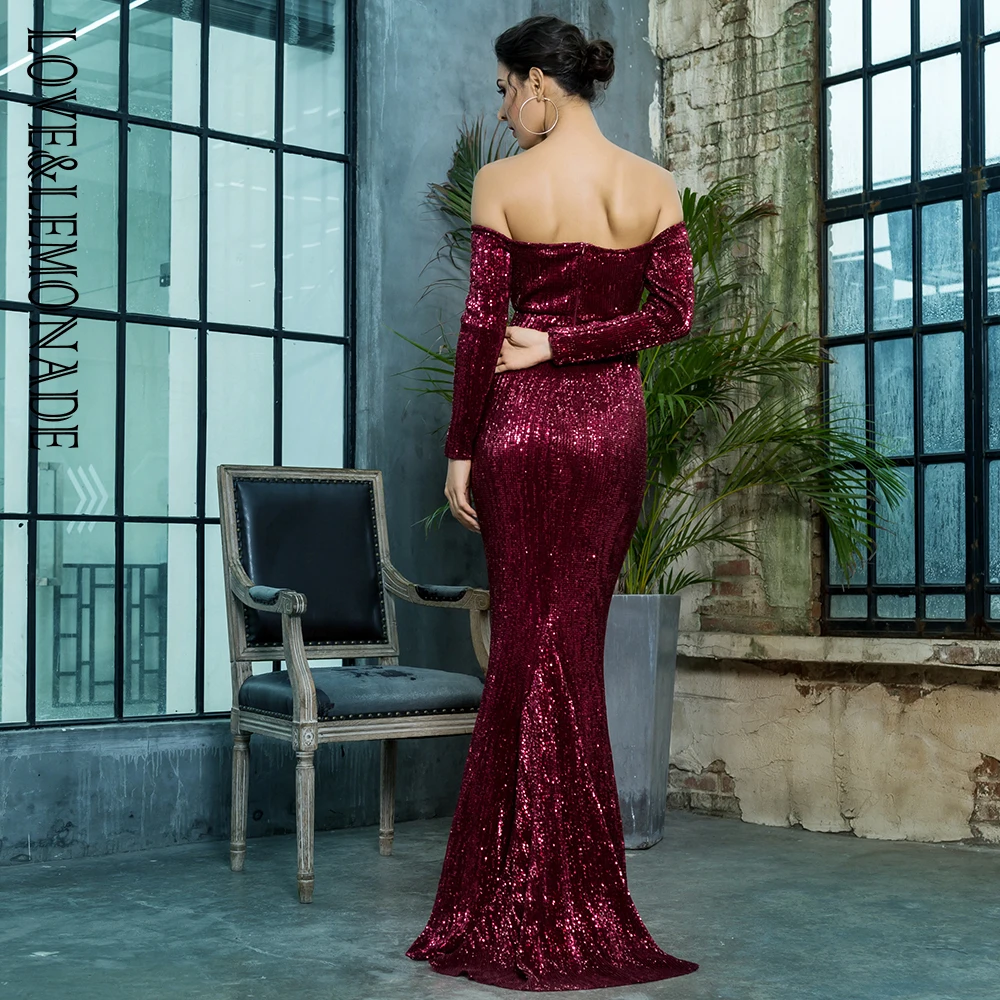 Женское длинное платье LOVE &amp LEMONADE винно-красное эластичное с глубоким V-образным