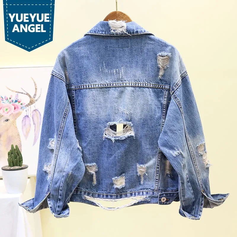 

Boy Friend Style Korean Women Long Sleeve Hole Frayed Women Denim Jackets Fashion Single Breasted Loose Casual Female Coats