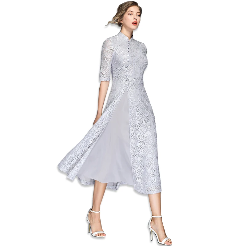 Летнее осеннее однотонное платье Trytree в китайском стиле с воротником стойкой