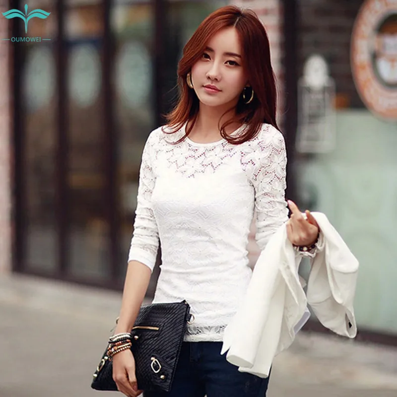 

OUMOWEI Women's T-Shirt 2020 Fashion New Long-Sleeved T-Shirt High Quality Loose Casual T-Shirt Solid Color Wild Lace Top