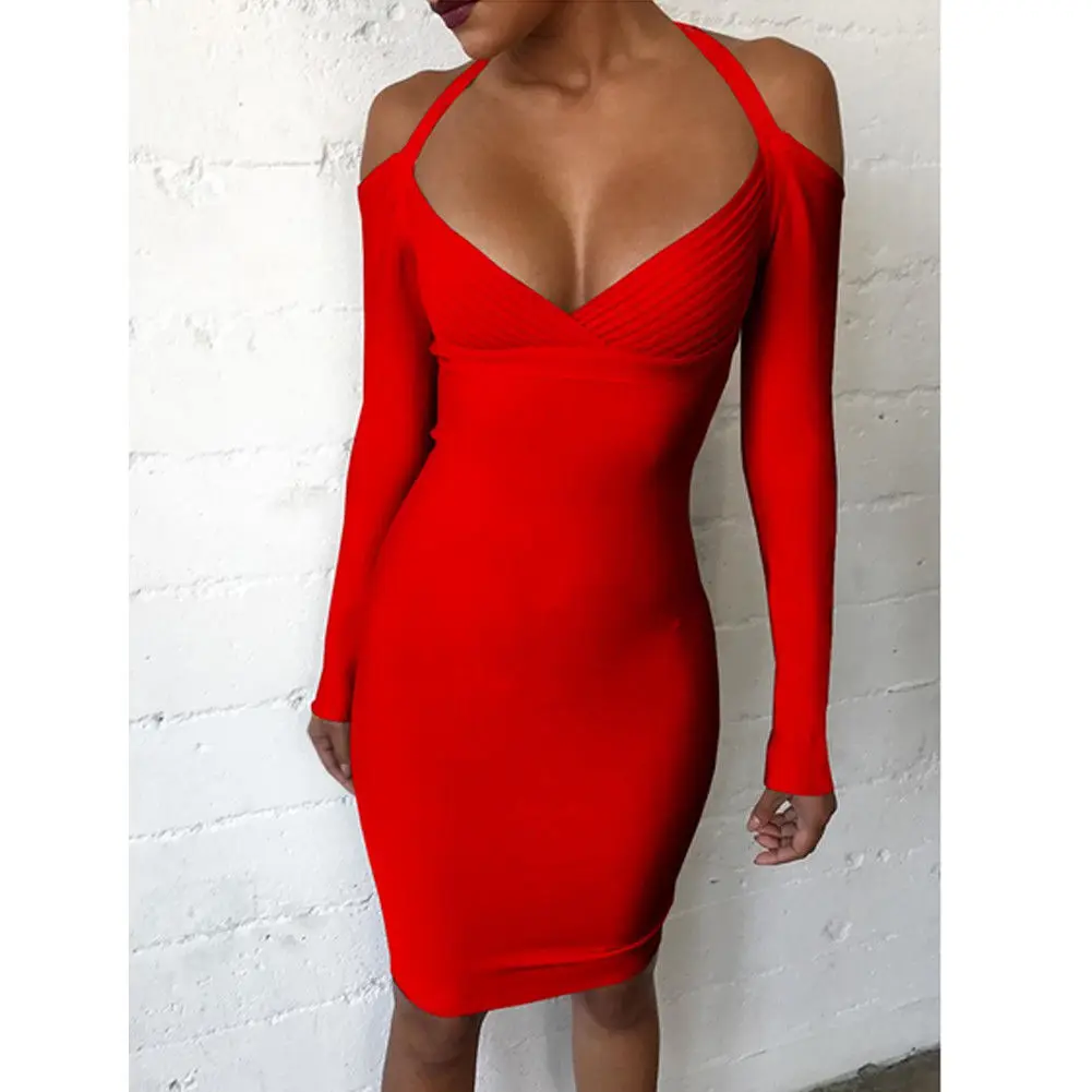 2019 New Style Fashion Hot Pure Color Sexy Women Autumn Winter Long Sleeve Deep V Neck Knit Sheath Mini Dress | Женская одежда