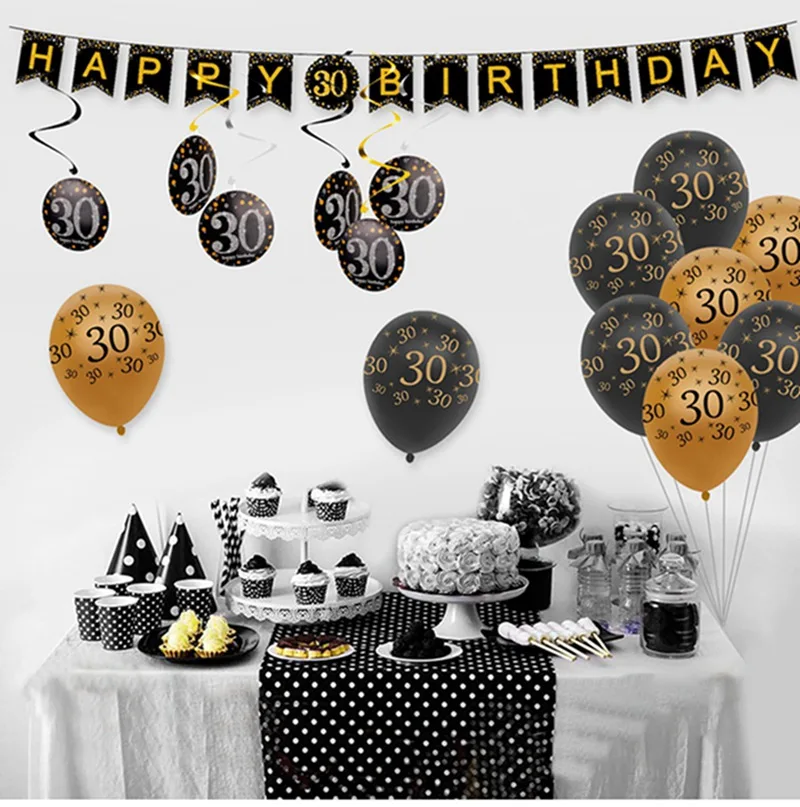 

HUIRAN Black Gold Adult 30th 40th 50th Birthday Party Decorations Supplies 30 40 50 Happy Birthday Banner Balloons Tableware