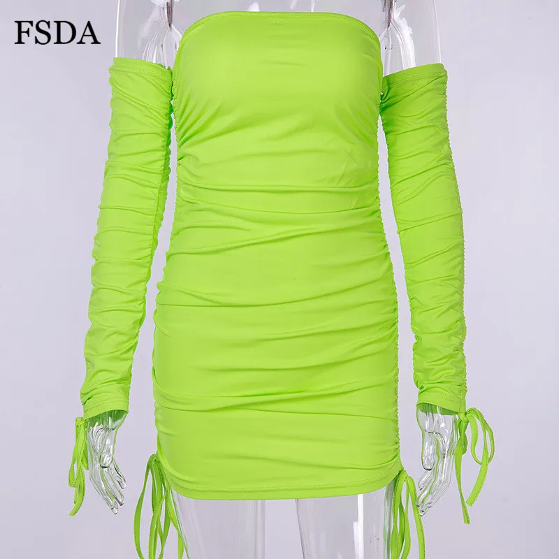 Женское неоновое мини платье FSDA Кружевное облегающее с бантом и длинным рукавом