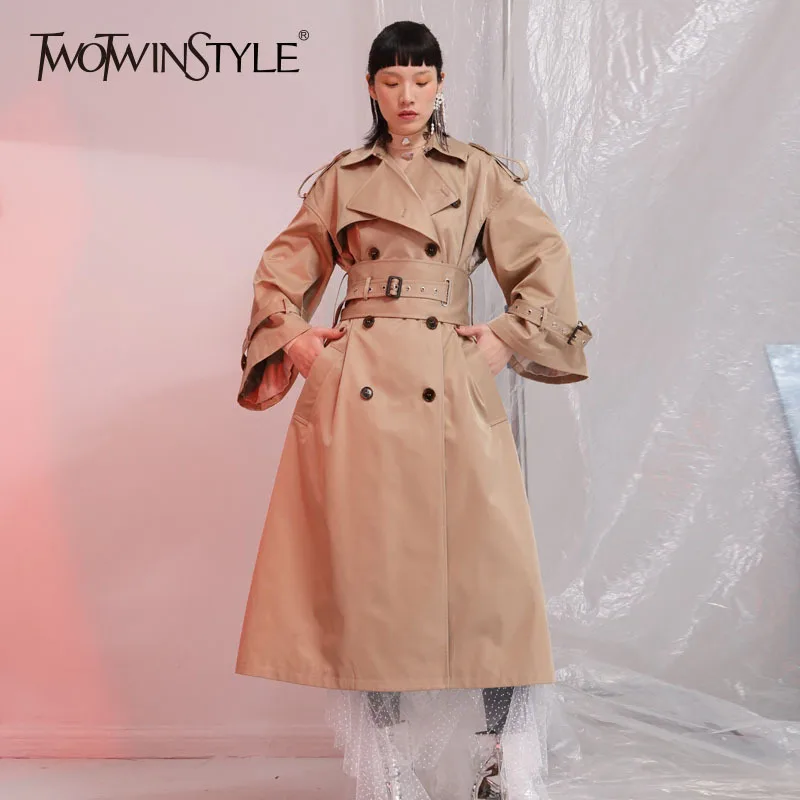 TWOTWINSTYLE пояс ветровка женский воротник с лацканами расклешенный рукав высокая