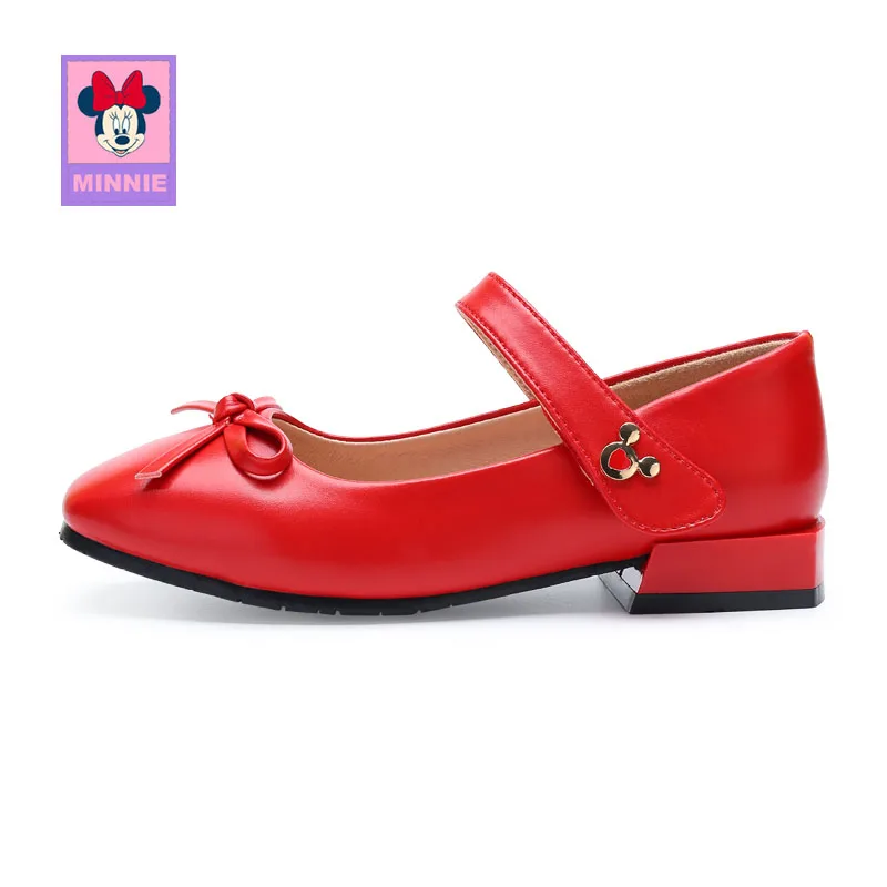 Red Minnie Shoes Disney/детская кожаная обувь с бантом для девочек; весенние удобные тонкие туфли для детей; кожаные туфли принцессы; Размеры 26-37 - Цвет: Red Minnie Shoes
