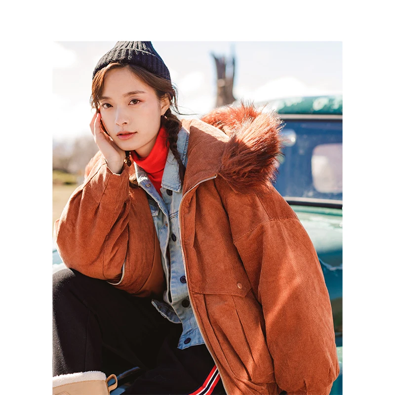 INMAN зимнее элегантное женское короткое пальто с капюшоном и меховым воротником