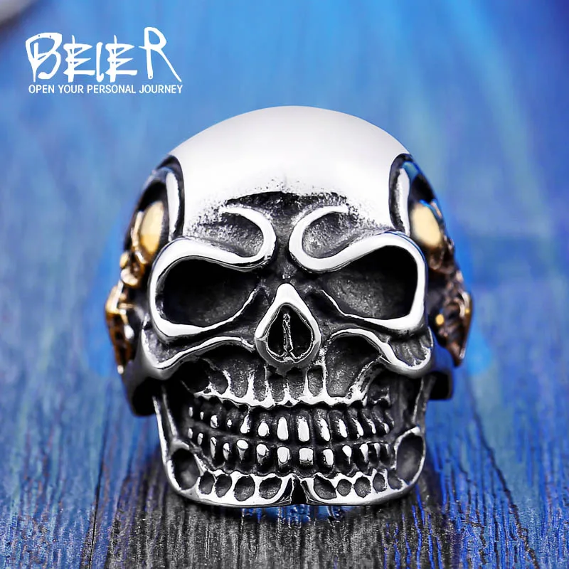 BEIER Dropshipping Fashion Stainless Steel Rings For Man Big Tripple Skull Ring Punk Biker Jewelry BR8-068 - Цвет основного камня: part gold colour