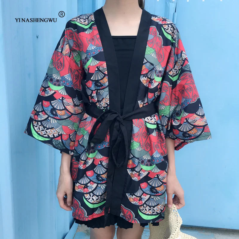 Yukata, женская блузка с поясом, новая мода, кимоно, блузка, японский веер, принт, женская рубашка, летняя, солнцезащитная, топы, Япония, кимоно, для женщин